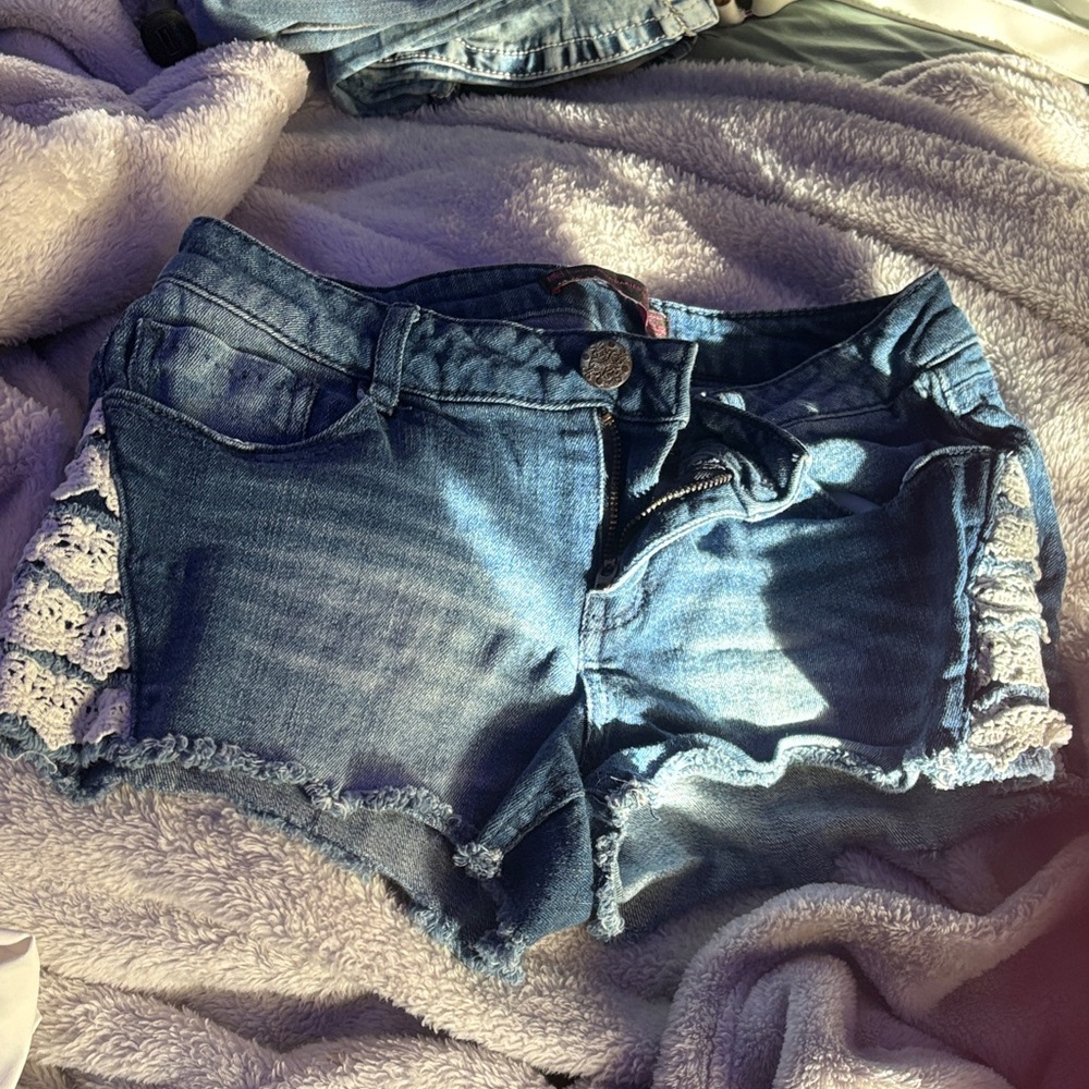 No Boundaries Blue Jean Shorts with Lace Accents